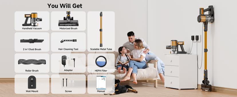 Cordless Vacuum Cleaner,55Mins/Powerful Vacuum Cleaners for Home,Stick Vacuums with 8 in 1,Touch Screen,LED Headlights, Anti-Tangle,Rechargeable,Lightweight for Carpet,Hard Floor, Pet Hair,Gold
