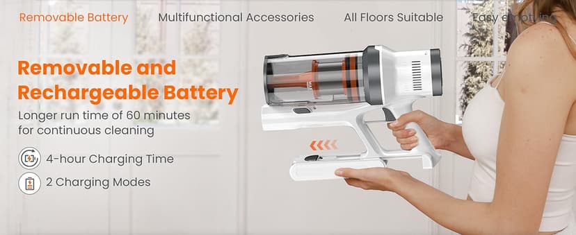 Cordless Vacuum Cleaner, 550W/45Kpa Vacuum Cleaners for Home, Max 60Mins Runtime, Anti-Tangled & 1.6L Dust Cup Stick Vacuum, Lightweight Vacuum for Carpet, Hard Floor(Upgraded)