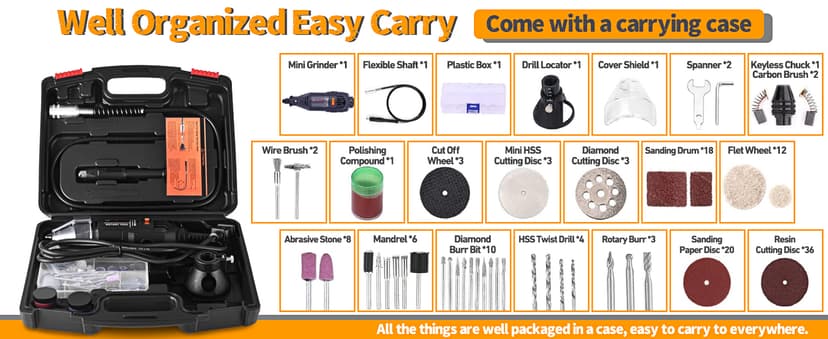 GOXAWEE Rotary Tool Kit with MultiPro Keyless Chuck and Flex Shaft -140pcs Accessories Variable Speed Electric Drill Set for Handmade Crafting Projects and DIY Creations