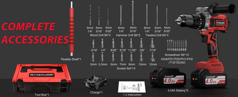 1060In·lbs Cordless Drill Driver - 20+3 Torque Brushless Hammer Drill with 2 x 4.0Ah Battery & Fast Charger - 21V Electric Power Drills Set with 2 Speeds & 1/2 Inch Self-locking Metal Chuck