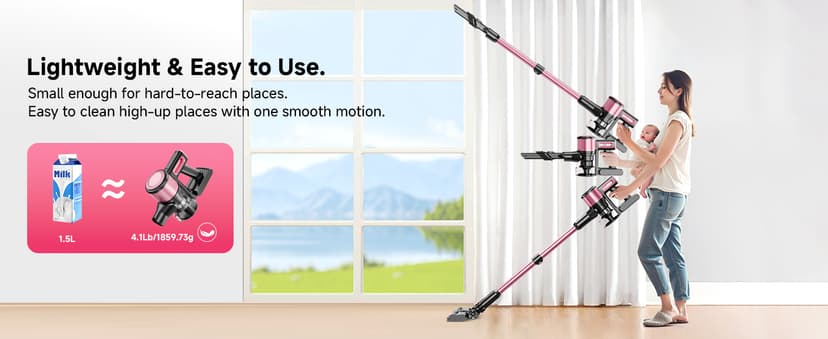 Cordless Vacuum Cleaner, 8 in 1 Powerful Stick Vacuum with 45min Runtime, Anti-Tangle Vacuum Cleaners for Home, Lightweight Handheld Wireless Vacuum for Hardwood Floor Carpet pet Hair, Rose
