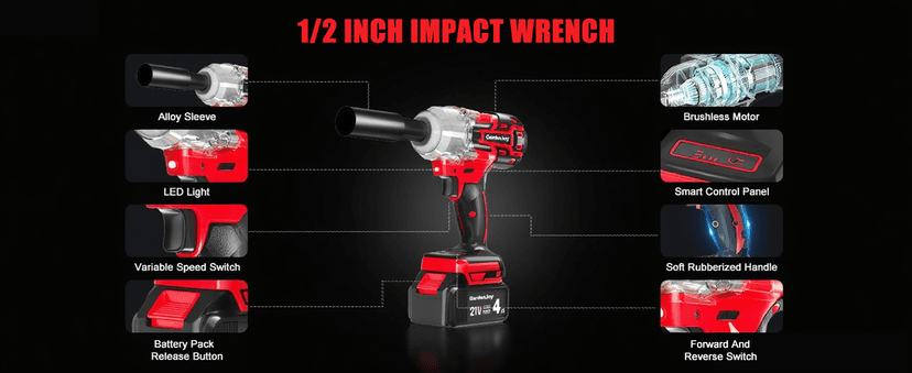 Cordless Impact Wrench 1/2 Inch, 21V Max Brushless, 450 Ft-lbs (600N.m) Max Torque, 3-Speed, w/ 4.0Ah Battery & Quick Charger, 6Pcs Impact Sockets - for Automotive Repair, Tire Changing, Home DIY