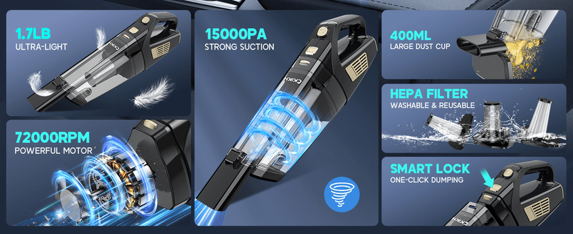 Handheld Vacuum Cordless, 15000PA Strong Suction Hand Held Car Vacuum Cleaner Portable with Multi-Nozzles & Washable Filter, Lightweight Dust Busters Rechargeable for Home, Car, Office, Pets