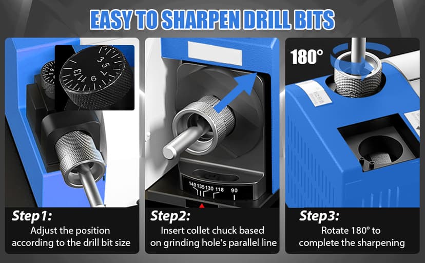 Drill Bits Sharpener, 3-20mm Drill Bit Grinding Machine, Lip Relief Angle & 95°-135° Point Angle Adjustable Drill Bit Re-Sharpener, Portable Bits Sharpening Machine with 18 Collets, CBN & SDC Wheel