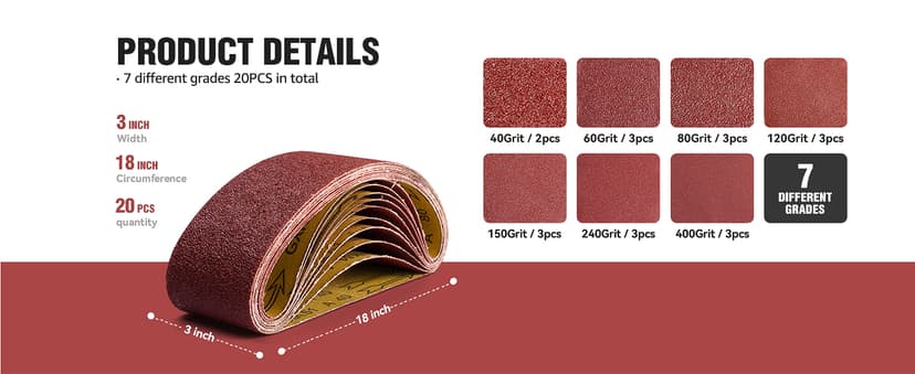 S SATC 3x18 Sanding Belts 20PCS Belt Sander Paper Aluminum Oxide (3 Each of 60/80/120/150/240/400 Grits & 2 of 40 Grits) Ideal for Wood Metal Paint Sanding