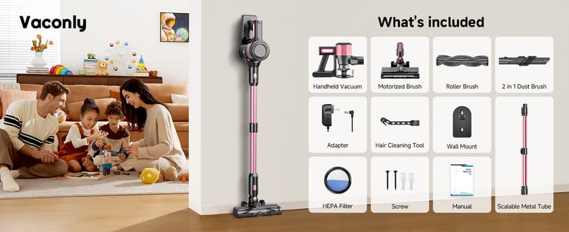 Cordless Vacuum Cleaner, 8 in 1 Powerful Stick Vacuum with 45min Runtime, Anti-Tangle Vacuum Cleaners for Home, Lightweight Handheld Wireless Vacuum for Hardwood Floor Carpet pet Hair, Rose