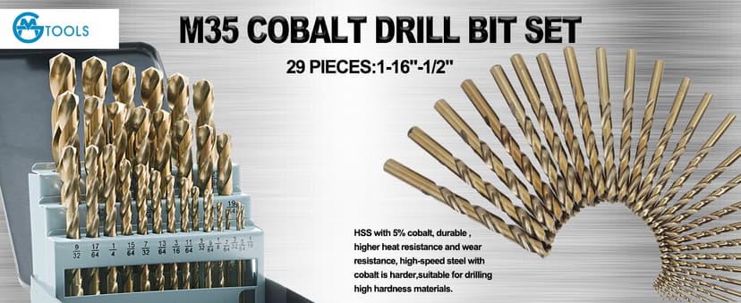 115Pcs Cobalt Drill Bits Set, M35 High Speed Steel, 135 Degree Tip, Twist Jobber Length Drill Bit Kit for Hardened Metal, Plastic and Wood with Metal Indexed Storage Case, 1/16"-1/2"