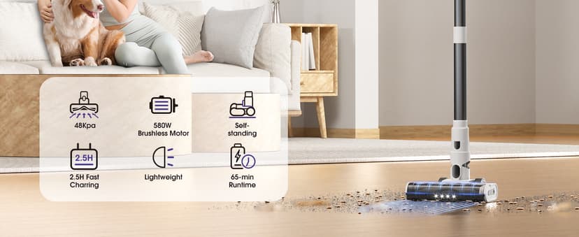 Cordless Vacuum Cleaner, 580W 48KPA 65Mins Runtime Fast Charging Vacuum Cleaner, Self-Standing LED Light Touch Screen Stick Vacuum for Home Light Weight,for Pet Hair/Carpet/Floor, White