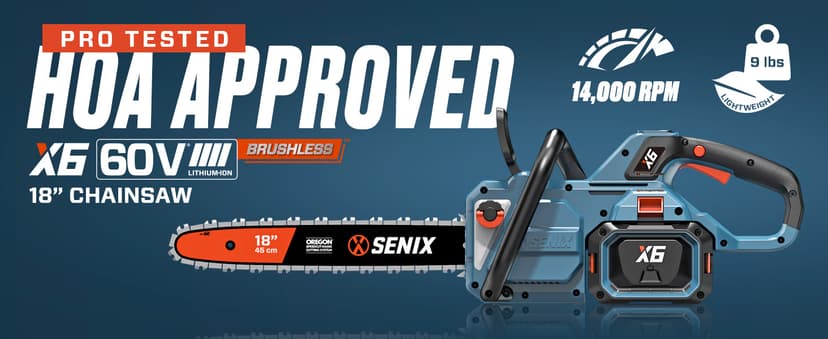 SENIX Chainsaw|60V 18" Battery Chainsaw|Brushless Electric Chainsaws|Cordless Chain Saw with 4Ah Battery & Charger|Garden Tool for Trees, Pruning, Branch Trimming, Best Gifts for Man, CSX6-M1