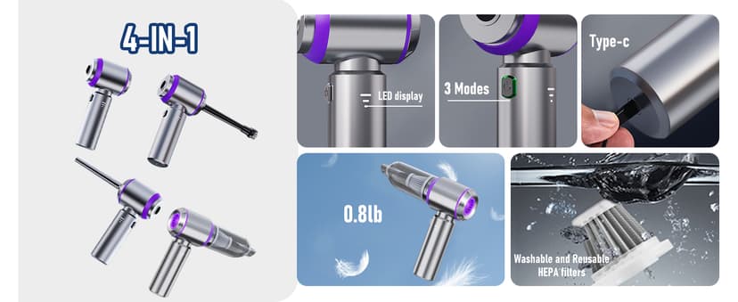 Car Vacuum Portable Cordless 20000PA High Power Mini Vacuum Cleaner 4-in-1 Compressed Air Duster & Air Blower & Pump Hand Held Vacuum with Brushless Motor for Car, Home, Office,Camping