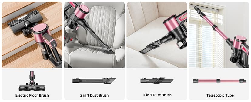 Cordless Vacuum Cleaner, 8 in 1 Powerful Stick Vacuum with 45min Runtime, Anti-Tangle Vacuum Cleaners for Home, Lightweight Handheld Wireless Vacuum for Hardwood Floor Carpet pet Hair, Rose