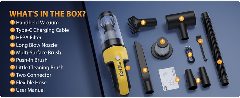 Handheld Vacuum Cordless 1.1 Pounds Car Vac 10000PA Hand Held Vacuums 4-in-1 Hand Vac Cordless Rechargeable HEPA Filter Large Capacity Dust Cup for Car Office Home Pets Hair (Yellow&Black)