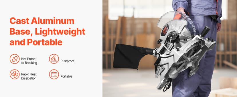 VEVOR Compound Miter Saw, 10-Inch Blade, 15 Amp Motor, 60-Tooth, Corded Single Bevel 0-45°, LED Precision Alignment, Angle Adjustable, Lightweight Cast Aluminum Base, for Wood, Composite Decking