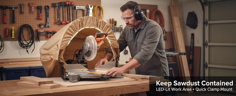 Miter Saw Dust Collection Hood with Light, Dust Solution for Miter Saws, Dust Collector, Accessory Holes, Universal Fit, Storage Bag - Khaki