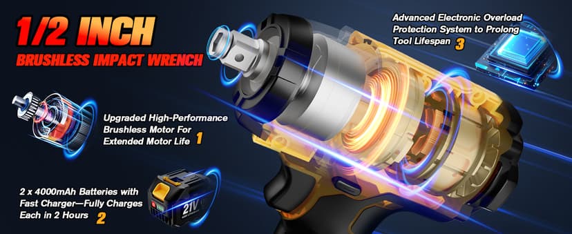 Cordless Impact Wrench - 590Ft-lbs (800N.m) Brushless 1/2 inch, 3300RPM High Torque Impact Gun, 2x 4.0Ah Battery, Charger & 7 Sockets, Electric Impact Wrench for Car Home