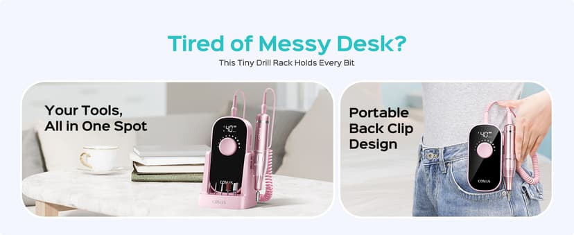 COSLUS Professional Rechargeable Electric Nail Drill 40000 RPM, Portable Nail File with Storage Stand for Acrylic Gel Polishing Removing - Easy to Use for Women, Manicure at Home DIY or Salon, Pink