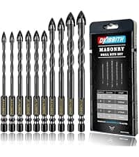 10-Piece Masonry Drill Bit Set for Concrete Tile Glass Ceramic Brick,1/8 to 1/2 Inch Drilling Bits with Triangle Handle,Tungsten Steel Alloy Tip.(Black)