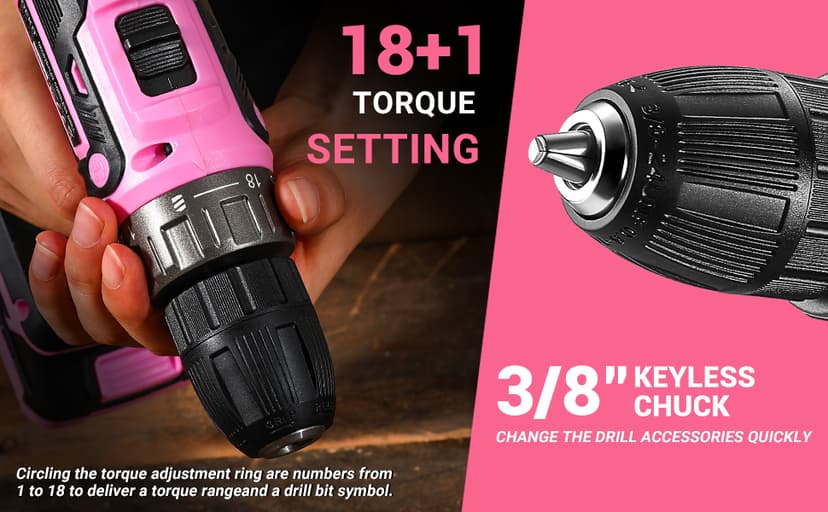 Power Drill Cordless: DEKO PRO Pink Cordless Drill 20V Electric Power Drill Set Tool for Women Drills with Battery and Charger 20 Volt Drills Driver Kit