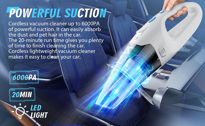 Handheld Vacuum Cordless,Car Hand Cordless Rechargeable,Powerful Suction Hand Held Vacuum with LED Light/Multi Accessories,1.6lbs Car Mini Portable Vacuum Cleaner for Home Office Pet