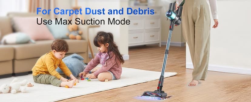 Cordless Vacuum Cleaner, 60 Mins Runtime Vacuum Cleaners for Home, Stick Vacuum Self-Standing, Wall Mount Charging, 3 Mode Handheld Vacuum for Pet Hair/Carpet/Floor