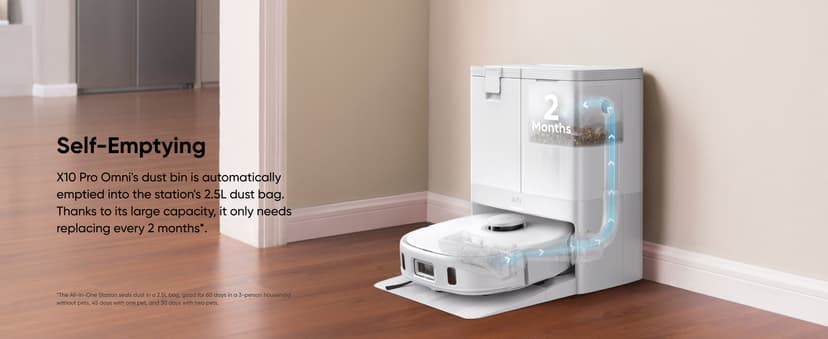 eufy X10 Pro Omni Robot Vacuum and Mop Combo, 8,000 Pa Suction, Dual Mops with 12 mm Auto-Lift and Carpet Detection, AI Obstacle Avoidance, Auto Mop Washing, Auto Drying, Self-Emptying, White