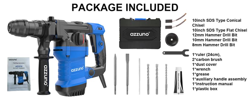 AZZUNO 1-1/4" SDS-Plus 15Amp Heavy Duty Rotary Hammer Drill, 4 Functions, for Drilling in Concrete, Brick and Stone, Includes Chisel and Drill Bits