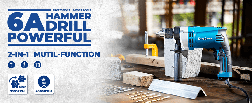 DongCheng Hammer Drill 6A,1/2 Inch Keyed Chuck, 0-3000 RPM/45000 BPM Impact Drill with 15PCS Drilling Bits for Brick Wall, Metal & Wood, DZJ05-13
