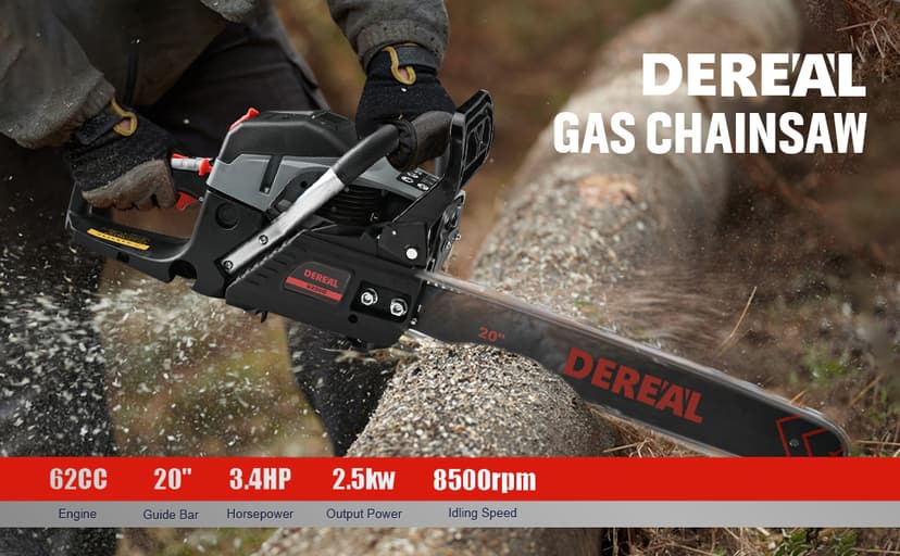 Gas Chainsaws 20 Inch 62CC Gas Powered Chainsaw 3.4HP 2 Stroke Engine Gas Power Chain Saw for Cutting Wood Outdoor Garden Farm Home