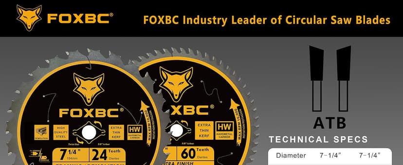 FOXBC 7-1/4 inch Circular Saw Blade 24T 60 Tooth ATB Wood Cutting with 5/8" Arbor, Diamond Knockout