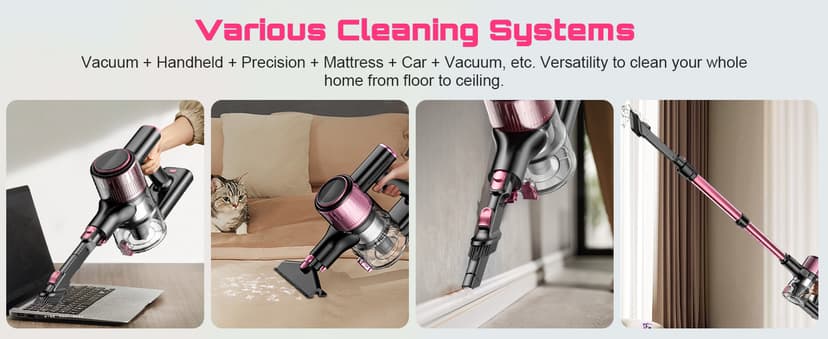 Cordless Vacuum Cleaner, 10 in 1 Stick Vacuum with Powerful Suction, Hose, Green LED Light, Anti-Tangle Brush, Lightweight Rechargeable Vacuum Cleaner for Home, Hardwood Floors, Carpets, Pet Hair,Pink