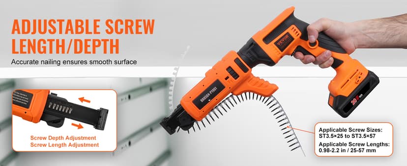 VEVOR Drywall Screw Gun Auto-Feed, 20V Max Collated Drywall Screwgun, 4200RPM Brushless Cordless Drywall Gun Kit with 2 Battery Packs, Belt Clip, Charger, Tool Bag, Screw Length and Depth Adjustable