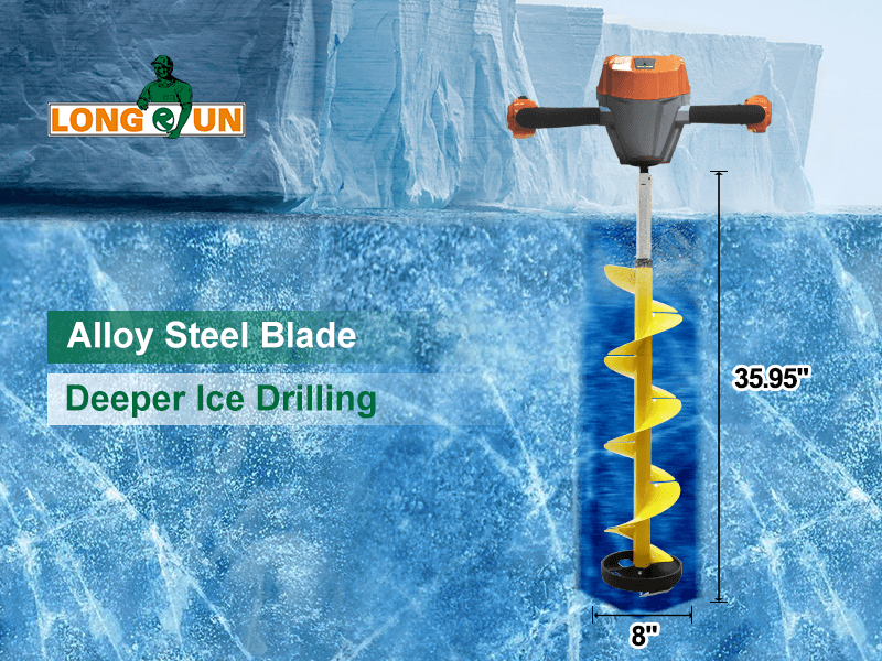 Nylon 8 Inch Ice Auger, 35.95 Inch Extended for Drilling Deep Ice Fishing Holes, Durable Polymer Auger Drill Bit for Ice Post Hole Digger w/Sharp Blade & Cover, Ice Auger Adapter with Handle-Yellow