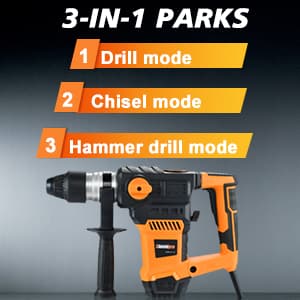 SHIELDPRO 1-1/4 Inch SDS-Plus 13 Amp Rotary Hammer Drill Heavy Duty, Safety Clutch 3 Functions with Vibration Control,Including Grease, Flat Chisels, Point Chisels and 3 Drill Bits