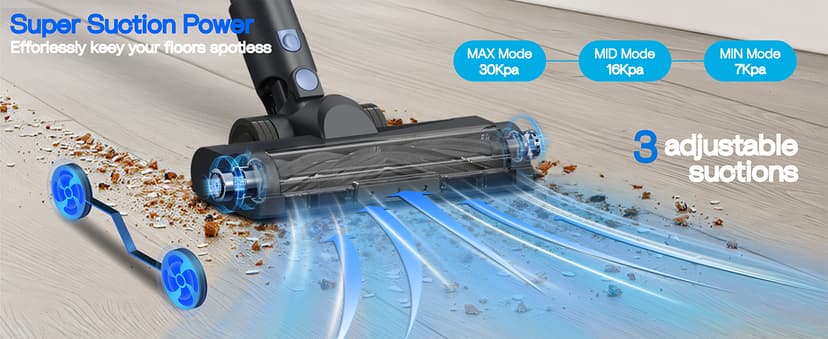 Cordless Vacuum Cleaner, 30KPA 350W Self-Standing Stick Vacuum Cleaner with LED Touch Screen, Charging Wall Mount, 3 Suction Modes, Anti-Tangle Wireless Vacuum for Home/Hair/Carpets/Hard Floor