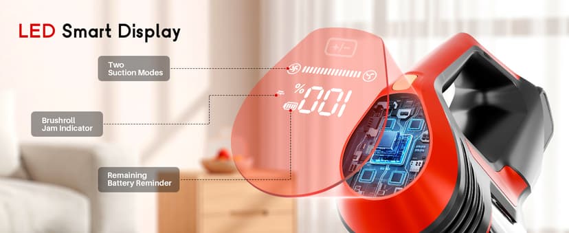 Cordless Vacuum Cleaner - Lightweight, 35Kpa Home Stick Vacuum, Smart Display & Removable Battery, Up to 45 Mins, 8 in 1 Portable Handhled Vacuum, Wall Mount Charging for Hardfloor, Carpet Red