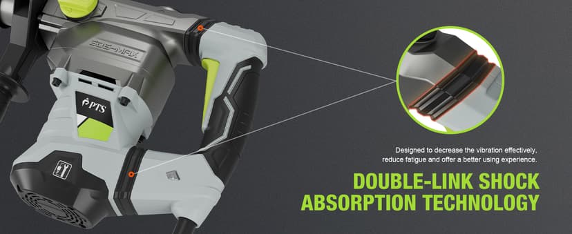 PTS 1-9/16 Inch SDS-Max Rotary Hammer, 13.5 Amp Heavy Duty 3 Functions Corded Concrete Demolition Hammer, w/Vibration Control & Safety Clutch, Includes Drill Bits, Chisels, Carrying Case (Green)