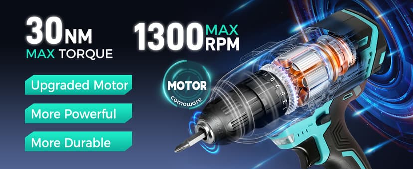 COMOWARE 20V Cordless Drill, Electric Power Drill Set with 1 Battery & Charger, 3/8” Keyless Chuck, 2 Variable Speed, 266 In-lb Torque, 25+1 Position and 34pcs Drill/Driver Bits