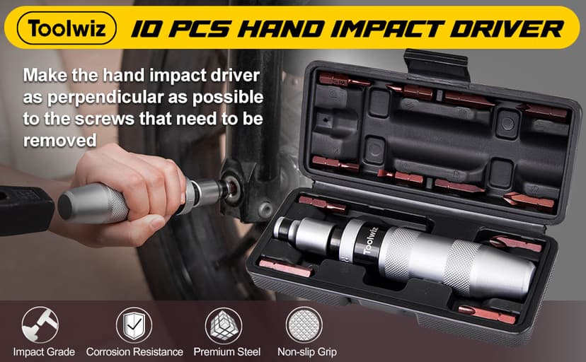 Toolwiz 1/2" Hand Impact Screwdriver Set - 14 Pcs, Reversible Manual Impact Driver with S2 Steel Screwdriver Bits for Disengage Rusted Fasteners or Frozen Bolts