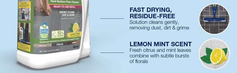 Bona Multi-Surface Floor Cleaner Refill - 128 fl oz - Lemon Mint - Residue-Free Floor Cleaning Solution refill for Spray Mop and Spray Bottles - For Use on Stone, Tile, Laminate, and Vinyl Floors