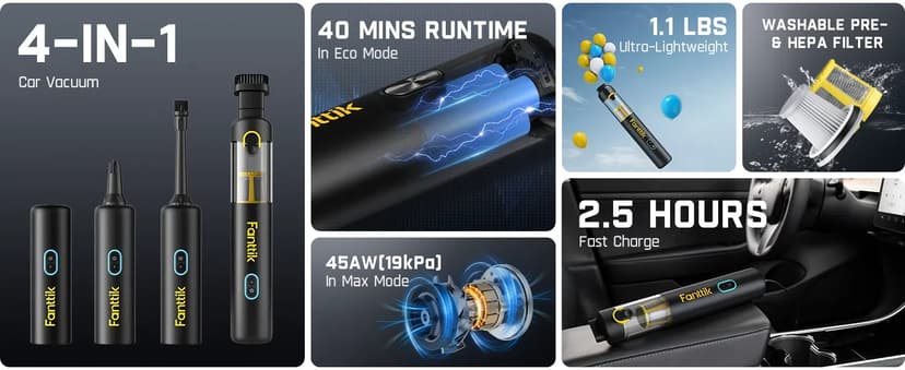 Fanttik Slim V8 Apex Car Vacuum, 4-in-1 Portable Mini Cordless Vacuum with 19000pa Suction Power, Type-C Charge, 2 Suction Modes, Handheld Vacuum for Car, Office Desk, Keyboards (Black)