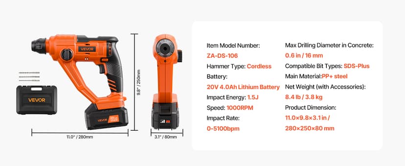 VEVOR 5/8" SDS-Plus Rotary Hammer Drill,20V Brushless Cordless Hammer Drills,4.0Ah Lithium-Ion Battery Powered,3.0A Fast Charger,Electric Demolition Hammers Variable Speed,Power Tool For Concret