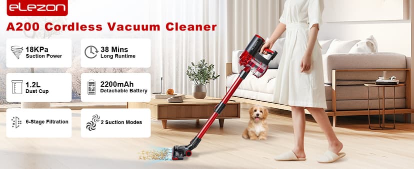 elezon A200 Cordless Vacuum Cleaner with 18000Pa Powerful Suction, 38 Min Runtime, 2200mAh Battery, HEPA Filter, Portable Stick Vacuum for Hardwood Floor, Lightweight Handheld for Home, Pet Hair, Car