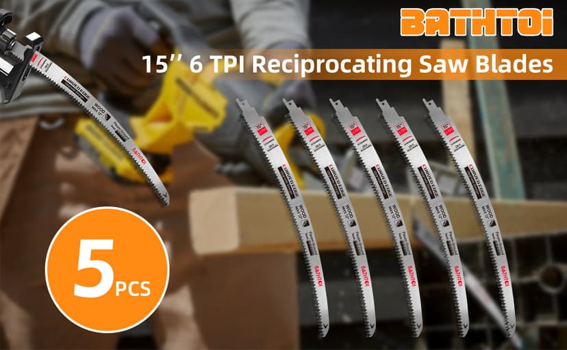 Sawzall Blades for Cutting Trees, 5 Pack 15 Inch 6 Tpi Japanese Teeth Reciprocating Saw Blades, Cr-V Wood Cutting and Tree Trimming Blades with Curved Edge and Fleam-Ground Teeth