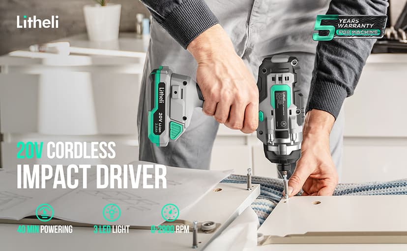 Litheli Cordless Impact Driver, 1150 In-Lbs Torque, 1/4″ Quick-Release Hex Chuck, with 20V 2.0 Ah Battery, 3 Socket Adapters, 2 Driver Bits