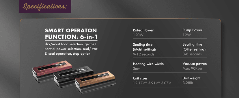 Vacuum Sealer Machine Powerful 90Kpa Precision 6-in-1 Compact Vacuum Food Preservation System Built-in Cutter, 2 Bag Rolls & 5 Pre-cut Bags, Dry&Moist Modes Smart Suction, ETL Listed (Copper)