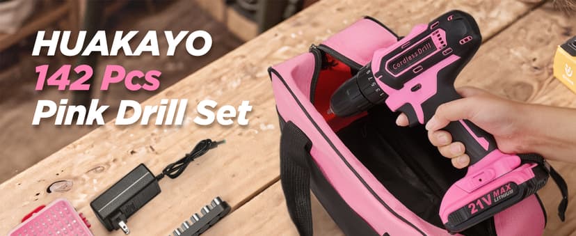 Pink Cordless Drill Set 142 Pcs, 21V Pink Power Drill Tool Set Kit with Storage Bag, Electric Drill Set for Women, Precision Screwdriver set, Magnetic Wristband, for Home DIY Projects
