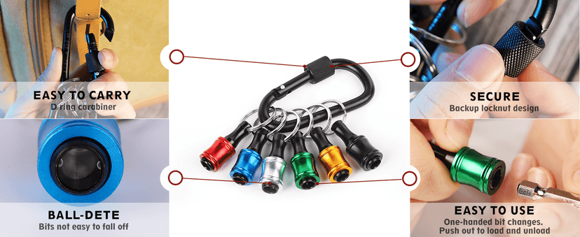 Push to Unlock,Katerk 6pcs 1/4 inch Hex Shank Aluminum Alloy Screwdriver Bit Holder Light-Weight Quick-Change Extension Bar Keychain Drill Screw Adapter Portable,Black Carabiner,Tool Gifts for Men