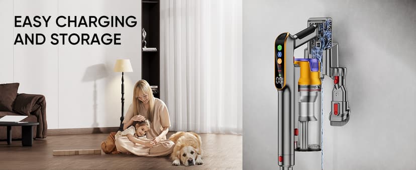 Cordless Vacuum Cleaner, 550W 45KPA 60 Mins Vacuum Cleaners for Home, Stick Vacuum with 1.8L Large Dust Cup, Wall Mount Charging, Anti-Tangle Wireless, Green Light for Pet Hair, Carpets, Hardwood