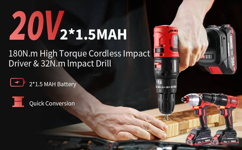 Cordless Drill and Impact Driver, Electric Drill and Impact Driver Combo Kit with 3/8-inch Electric Drill and 1/4-inch Impact Driver with 2 * 1.5A Batteries