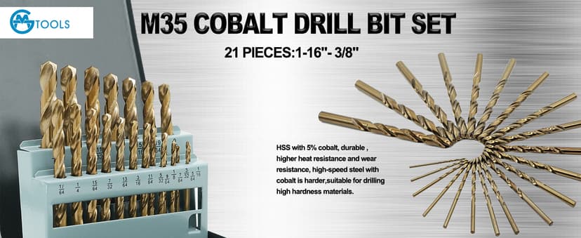 115Pcs Cobalt Drill Bits Set, M35 High Speed Steel, 135 Degree Tip, Twist Jobber Length Drill Bit Kit for Hardened Metal, Plastic and Wood with Metal Indexed Storage Case, 1/16"-1/2"